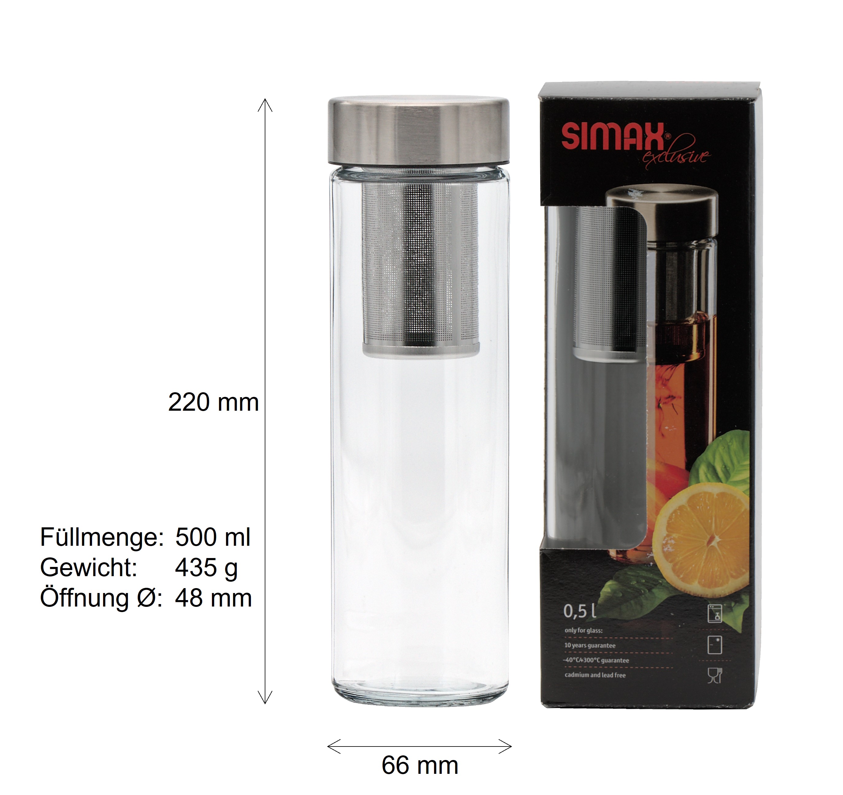 Exklusive SIMAX Trinkflasche aus Borosilikatglas in einfachen zylindrischen Design mit 220 mm Höhe, 435 g Gewicht, 48 mm Öffnung, 66 mm Aussendurchmesser, einem Siebeinsatz und einer Füllmenge von 500 ml